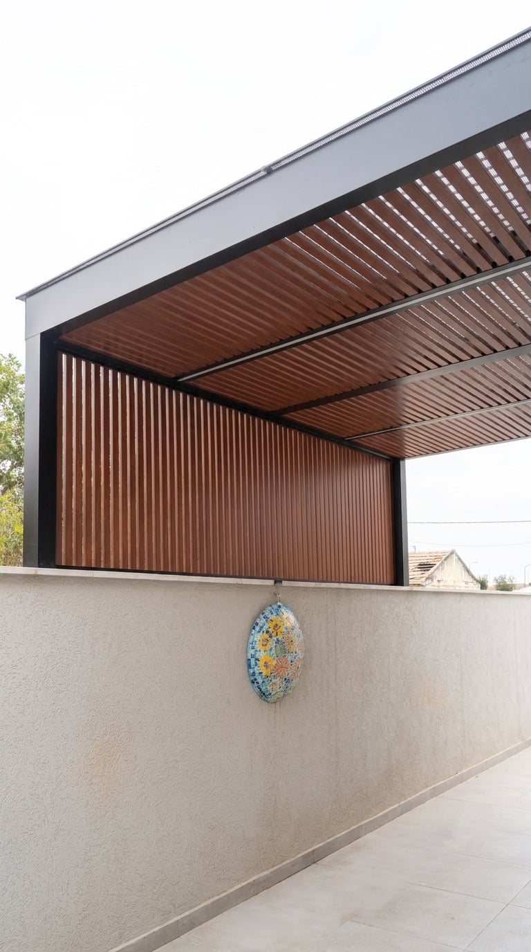 פרגולה באפור כהה עם שלבים בגוון עץ ומחיצה אנכית מעל קיר חצר