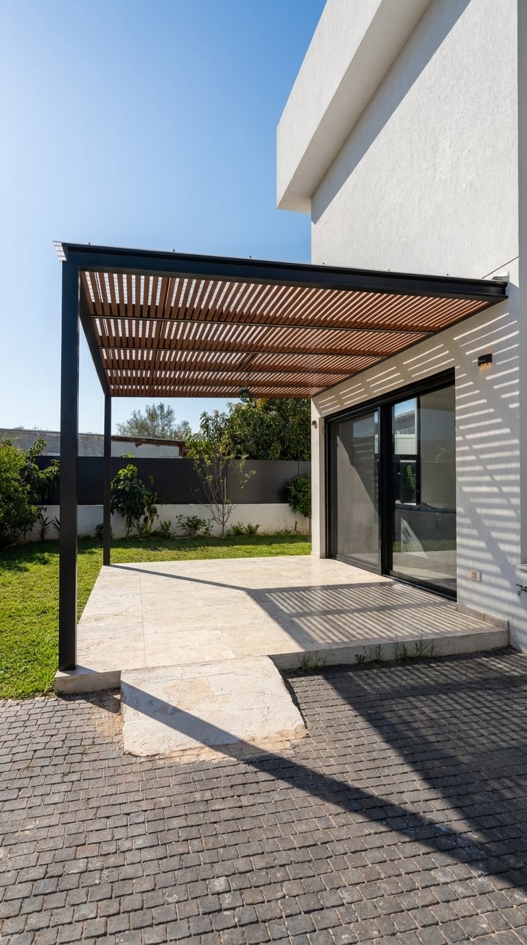 פרגולת אלומיניום בגוון עץ עם מסגרת שחורה מעל פטיו אבן בחצר עם דשא